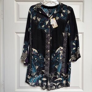 Citron Santa Monica Womens Silk Paisley Jacquard Tunic Shirt Black S Boho Artsy